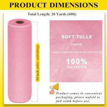 54" by 20 Yards Tulle Fabric Rolls Pink Tulle Ribbon Tutu Spool Bolt for DIY Wedding Decoration Baby Shower Tutu Skirt Gift Wrapping Large Matte Tulle, Roll Packaging (Pink)