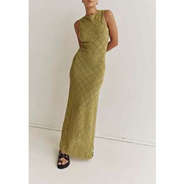 Women Y2k Crochet Knitted Halter Long Dress V Neck Sleeveless Maxi Midi Dress Sexy Open Back Beach D...