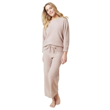 Softies Solid Marshmallow Reverse Seam Crew Neck Lounge Set for Women, 2 Piece Loungewear with Bracelet Sleeves, Made of Cloud Soft Fabric, Coco, Small