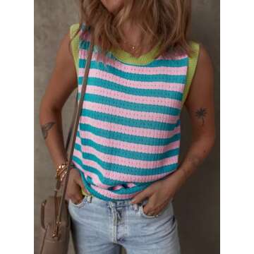 Dokotoo Women's Sleeveless Tops 2025 Summer Tank Top for Women Casual Crewneck Striped Sweater Vest ...