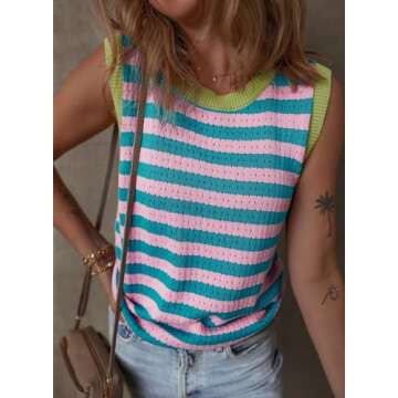 Dokotoo Women's Sleeveless Tops 2025 Summer Tank Top for Women Casual Crewneck Striped Sweater Vest Colorblock Tank Tops 2025 Cute Fashion Knit Cami Shirts Blouses Pink Small