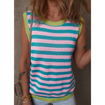 Dokotoo Women's Sleeveless Tops 2025 Summer Tank Top for Women Casual Crewneck Striped Sweater Vest Colorblock Tank Tops 2025 Cute Fashion Knit Cami Shirts Blouses Pink Small