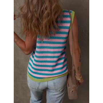 Dokotoo Women's Sleeveless Tops 2025 Summer Tank Top for Women Casual Crewneck Striped Sweater Vest Colorblock Tank Tops 2025 Cute Fashion Knit Cami Shirts Blouses Pink Small