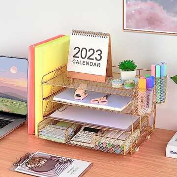 OPNICE Desk Organizers and Accessories, Desk Accessories & Workspace Organizers for Office Supplies, File Organizer Desk Drawer Organizer with 2 Pen Holders, 4 Tier Paper Organizer for Desk (Gold)