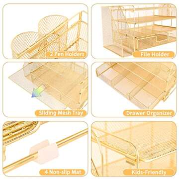 OPNICE Desk Organizers and Accessories, Desk Accessories & Workspace Organizers for Office Supplies, File Organizer Desk Drawer Organizer with 2 Pen Holders, 4 Tier Paper Organizer for Desk (Gold)