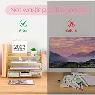 OPNICE Desk Organizers and Accessories, Desk Accessories & Workspace Organizers for Office Supplies, File Organizer Desk Drawer Organizer with 2 Pen Holders, 4 Tier Paper Organizer for Desk (Gold)