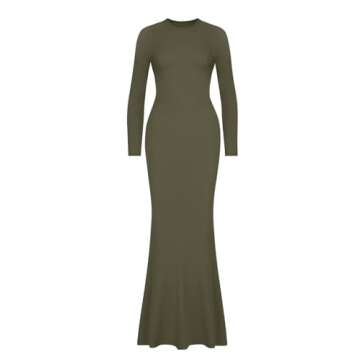 REORIA Women's Sexy Casual Crew Neck Lounge Slimming Long Dress Elegant Wedding Guest Long Sleeve Ribbed Bodycon Maxi Dresses Olive Green Small