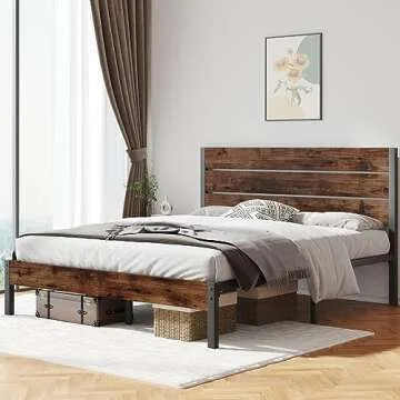 Fluest Queen Bed Frame with Headboard and Footboard, with Under Bed Storage, All-Metal Support System, No Box Spring Needed, Easy Assembly,Rustic Brown