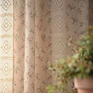 Deeprove Boho Curtains for Bedroom, Cream Hollow Crochet Stripes and Florals Print Cotton Linen Fabr...