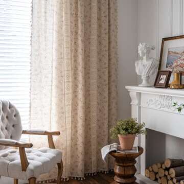 Deeprove Boho Curtains for Bedroom, Cream Hollow Crochet Stripes and Florals Print Cotton Linen Fabric Patchwork, Bohemian Beige Tassel Semi-Blackout Window Panel Farmhouse Drape 1 Panel, W59 x L84