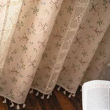 Deeprove Boho Curtains for Bedroom, Cream Hollow Crochet Stripes and Florals Print Cotton Linen Fabric Patchwork, Bohemian Beige Tassel Semi-Blackout Window Panel Farmhouse Drape 1 Panel, W59 x L84
