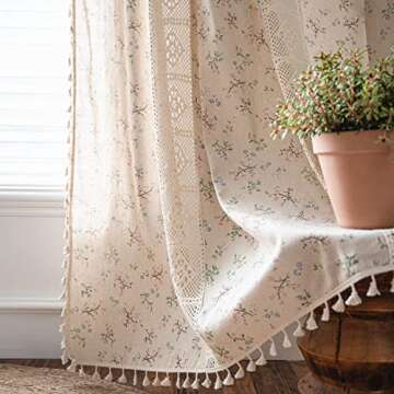 Deeprove Boho Curtains for Bedroom, Cream Hollow Crochet Stripes and Florals Print Cotton Linen Fabric Patchwork, Bohemian Beige Tassel Semi-Blackout Window Panel Farmhouse Drape 1 Panel, W59 x L84