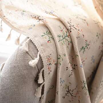 Deeprove Boho Curtains for Bedroom, Cream Hollow Crochet Stripes and Florals Print Cotton Linen Fabric Patchwork, Bohemian Beige Tassel Semi-Blackout Window Panel Farmhouse Drape 1 Panel, W59 x L84