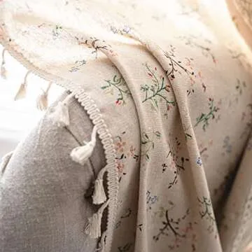 Deeprove Boho Curtains for Bedroom, Cream Hollow Crochet Stripes and Florals Print Cotton Linen Fabric Patchwork, Bohemian Beige Tassel Semi-Blackout Window Panel Farmhouse Drape 1 Panel, W59 x L84