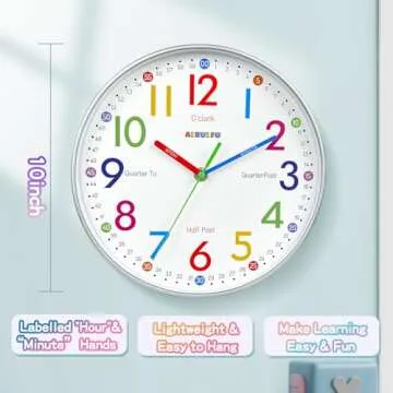Telling Time Teaching Clock - Learning Clock for Kids - Kids Wall Clocks for Bedrooms - Kids Wall Clock- Silent Analog Kids Clock for Teaching Time ,for School Classrooms Playrooms and Kids Bedrooms