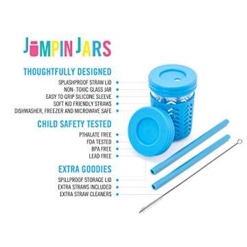 JumpinJars Toddler Cups/Kids Cups 4 Kids Mason Jar Cups with Straw (x8), 8x Lids, 4x Jackets, 2x Str...