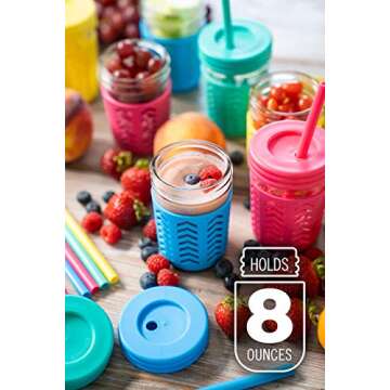 JumpinJars Toddler Cups/Kids Cups 4 Kids Mason Jar Cups with Straw (x8), 8x Lids, 4x Jackets, 2x Straw Cleaners! Spill Proof Cups For Kids – Kids Tumbler with Straw – 8oz Kid Drinking Glass