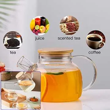 Glass Teapot, Stovetop & Microwave Safe Glass Borosilicate Teapot, Glass Teapot with Strainer, Glass Kettle with Wooden Lid, Loose Leaf and Fruit Tea and Fragrant Tea, 34oz/1000ml (Wooden Lid)