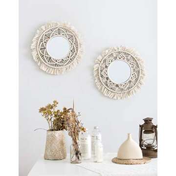 Mkono Hanging Wall Mirror with Macrame Fringe 2 Set Small Round Decoration Boho Antique Mirror for A...