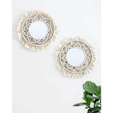 Mkono Hanging Wall Mirror with Macrame Fringe 2 Set Small Round Decoration Boho Antique Mirror for Apartment LivingRoom Bedroom Baby Nursery,Beautiful Gift Ideas
