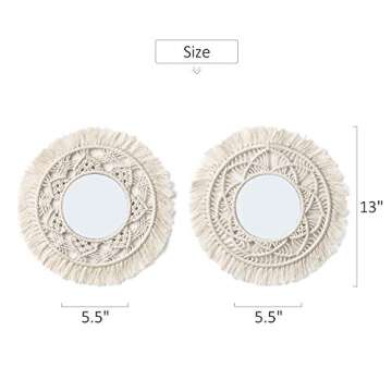Mkono Hanging Wall Mirror with Macrame Fringe 2 Set Small Round Decoration Boho Antique Mirror for Apartment LivingRoom Bedroom Baby Nursery,Beautiful Gift Ideas