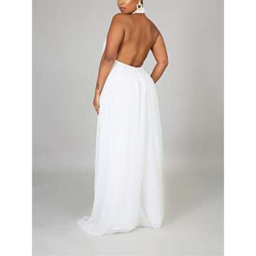 Ekaliy Women's Sexy Summer Jumpsuit Halter Neck Sleeveless Chiffon Wide Leg Long Pant Jumpsuit Romper One Piece Party Outfit White Small