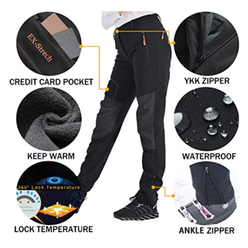 Postropaky Womens Outdoor Snow Ski Pants Waterproof Hiking Insulated Softshell Pants Snowboard Zipper Bottom Leg(Black0R)