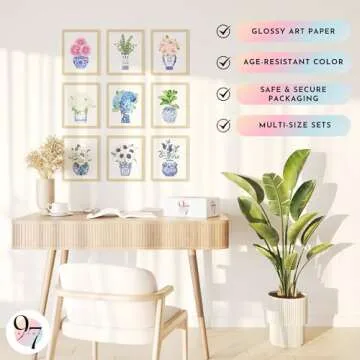97 Decor Chinoiserie Decor - Chinoiserie Wall Art Prints, Blue White Porcelain Vase, Chinese Blue and White Ginger Jar, Chinoiserie Artwork Flower Picture for Home Bedroom Decorations (8x10 UNFRAMED)