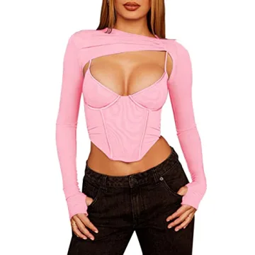 Meladyan Women's Sexy Long Sleeve Mesh Crop Top Solid Cover Up Spaghetti Strap Slim Fit Corset Cami ...
