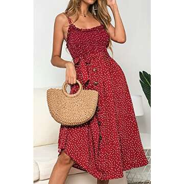 LOHILL Women's Summer Bohemian Sleeveless Casual Smocked Spaghetti Strap Swing Beach Long Maxi Dress with Pockets Red
