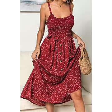 LOHILL Women's Summer Bohemian Sleeveless Casual Smocked Spaghetti Strap Swing Beach Long Maxi Dress with Pockets Red