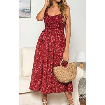 LOHILL Women's Summer Bohemian Sleeveless Casual Smocked Spaghetti Strap Swing Beach Long Maxi Dress with Pockets Red