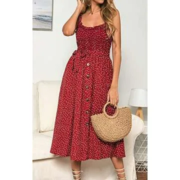 LOHILL Women's Summer Bohemian Sleeveless Casual Smocked Spaghetti Strap Swing Beach Long Maxi Dress with Pockets Red