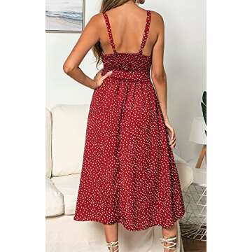 LOHILL Women's Summer Bohemian Sleeveless Casual Smocked Spaghetti Strap Swing Beach Long Maxi Dress with Pockets Red