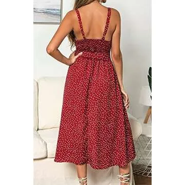LOHILL Women's Summer Bohemian Sleeveless Casual Smocked Spaghetti Strap Swing Beach Long Maxi Dress with Pockets Red