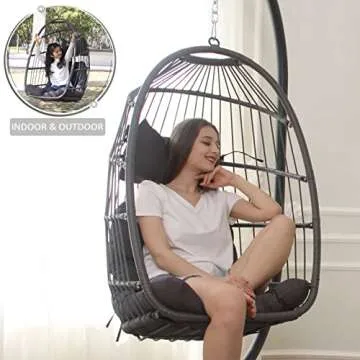 NICESOUL Egg Chair Outdoor Indoor, Cozy Patio Wicker Swing Hanging Chair with Stand, All Weather Hammock Egg Shaped Chairs with Cushions, 350lbs Pounds Sturdy Porch Swing for Backyard with Cover