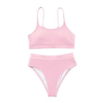 Lilosy High Waisted Tummy Control Bikini Ribbed Sporty Brazilian Swimsuit Set Women Highwaisted Cheeky Cut Leg Rise Bottom Crop Push Up Top 2 Piece Bathing Suit Pink Medium