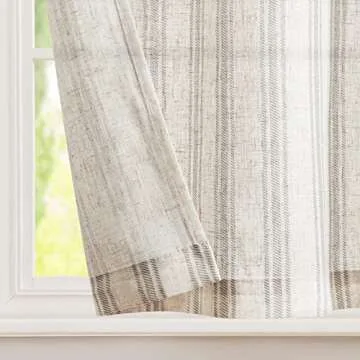 jinchan Gray Striped Linen Kitchen Curtains 36 Inch Cafe Tier Curtains Balanced Stripe Farmhouse Small Drapes for Bathroom Laundry Over Sink Half Window Light Filtering 2 Panels Grey on Beige