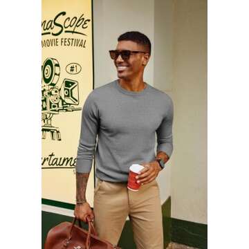 PJ PAUL JONES Mens Sweater Round Neck Knitwear Knit Sweater Fall Basic Long Sleeve Shirts for Men Fashion Pullover Tops Grey S