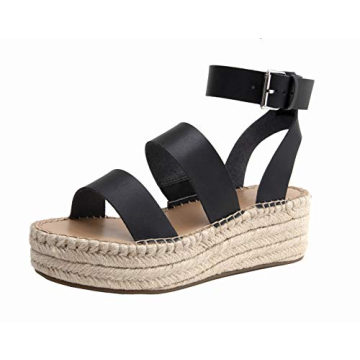 The Drop Women’s Listilla Espadrille Flatform Ankle Strap Sandal Wedge, Faux Leather Black, 7.5