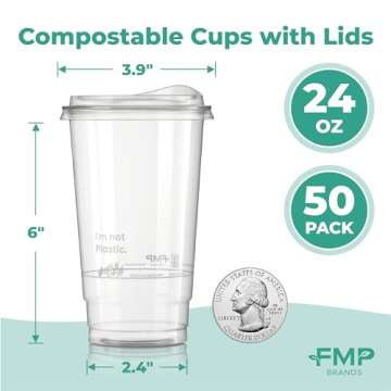 Fit Meal Prep 50 Pack 24 oz Compostable Clear Cups with Sip Lids, Plant Based Strawless Recyclable Iced Coffee Cup, Disposable Eco-Friendly Cup for Party, Juice, Milkshake, Beer, Tea