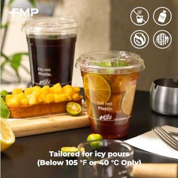Fit Meal Prep 50 Pack 24 oz Compostable Clear Cups with Sip Lids, Plant Based Strawless Recyclable Iced Coffee Cup, Disposable Eco-Friendly Cup for Party, Juice, Milkshake, Beer, Tea