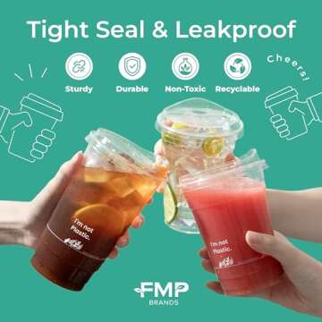 Fit Meal Prep 50 Pack 24 oz Compostable Clear Cups with Sip Lids, Plant Based Strawless Recyclable Iced Coffee Cup, Disposable Eco-Friendly Cup for Party, Juice, Milkshake, Beer, Tea