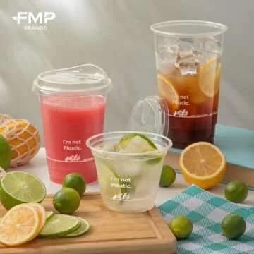 Fit Meal Prep 50 Pack 24 oz Compostable Clear Cups with Sip Lids, Plant Based Strawless Recyclable Iced Coffee Cup, Disposable Eco-Friendly Cup for Party, Juice, Milkshake, Beer, Tea