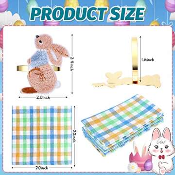 12 Pieces Easter Napkin Rings - Bunny Napkin Holder Rings & Gingham Napkins Set for Festive Dining T...