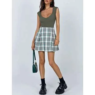 REORIA Women's Summer Sexy Casual V Neck Double Lined Seamless Sleeveless Slimming One Piece Leotards Going Out Trendy Tank Top Tees Thong Bodysuits Grey Green Large