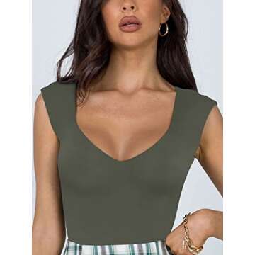 REORIA Women's Summer Sexy Casual V Neck Double Lined Seamless Sleeveless Slimming One Piece Leotards Going Out Trendy Tank Top Tees Thong Bodysuits Grey Green Large