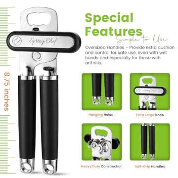 Spring Chef Stainless Steel Can Opener - Manual with Soft Grip Handles, Easy Turn, Heavy Duty Hand Can Openers for Seniors with Smooth Edge - Magnetic Lid Remover - Black