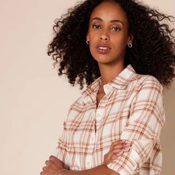 Amazon Essentials Women's Classic-Fit Long-Sleeve Lightweight Plaid Flannel Shirt, Ecru Pale Pink Alpine Plaid, Medium