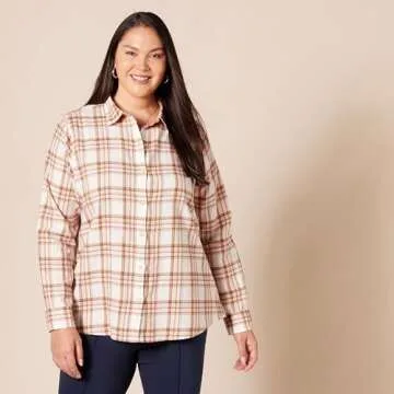 Amazon Essentials Women's Classic-Fit Long-Sleeve Lightweight Plaid Flannel Shirt, Ecru Pale Pink Alpine Plaid, Medium